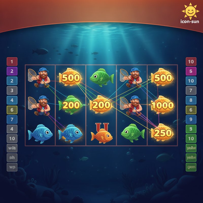 Fishin Frenzy free games round with fisherman wild catching fish prize values on the reels