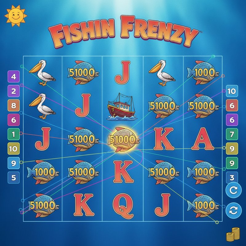 Fishin Frenzy gameplay showing active coloured paylines across the 5x3 reel grid