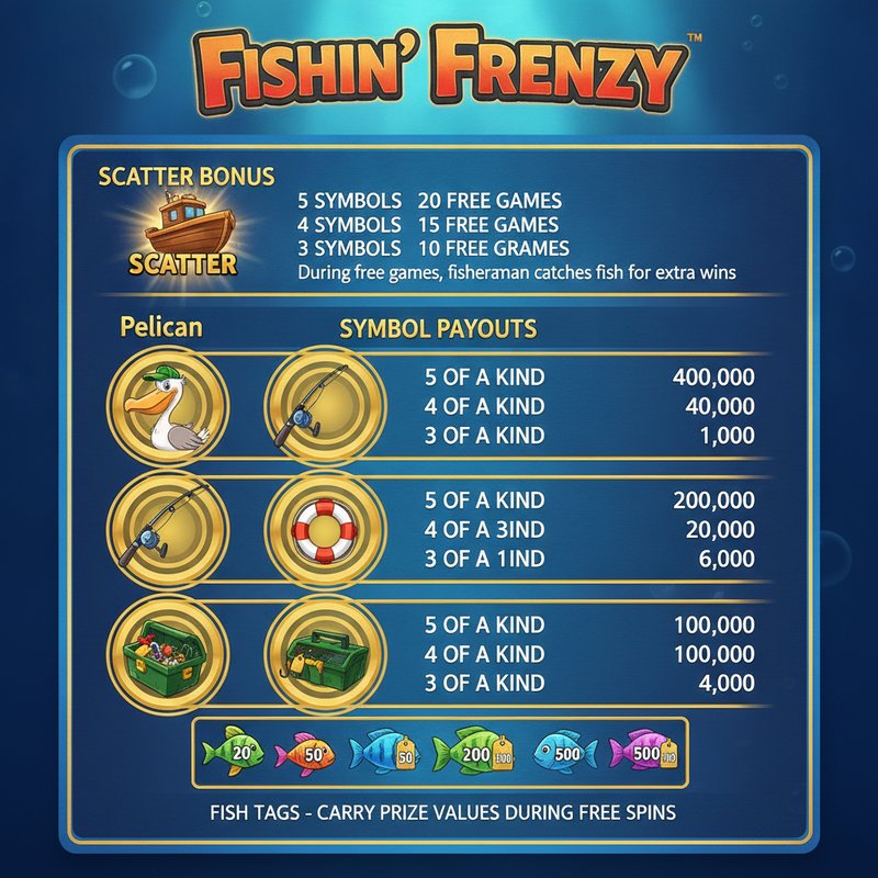 Fishin Frenzy paytable showing pelican, fishing rod, life preserver and tackle box symbol payouts